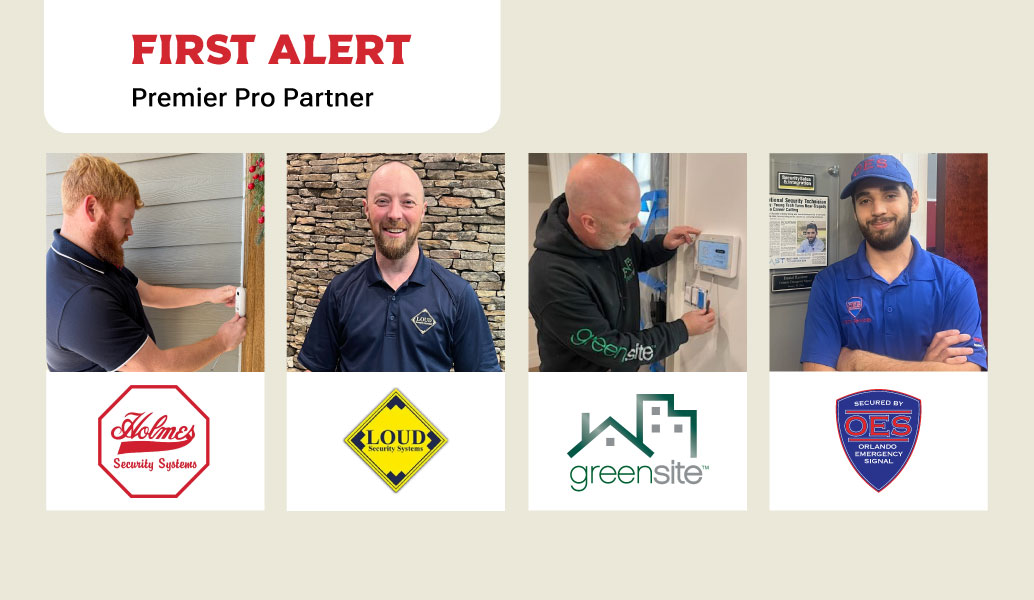 First Alert Premier Pro Partner  logo w/ collage of techs and their company logos